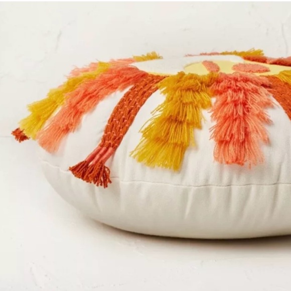 Fringed & Embroidered Sun Sunrise Boho Round Throw Pillow designed with Bungalow - Picture 2 of 3